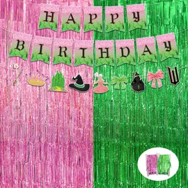 Zivyes Pink and Green Party Decorations Witch Princess Birthday Party Decoration Banner and Foil Fringe Curtains Tinsel Backdrops