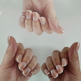 Short French Tip Press on Nails – Fake Fingernails Artificial Nails Kit, Gel Fake Press on Nails with Nail Glue, Classic White French Manicure Press on Nails for Women, 12 Sizes