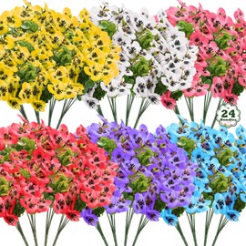 Acejoz 24 Bundles Artificial Flowers for Outdoor, Faux UV Resistant Silk Pansies Flowers for Outdoor Planter, Fake Flowers for Decor, 6 Colors