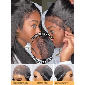 Julia Hair 12A 4C Edges Yaki Straight Human Hair Wigs Glueless Bye Bye Knots 7x5 HD Lace Put on Go Pre Cut Lace Pre Plucked Invisible Knots with Elastic Band Kinky Straight Wig for Women 16 Inch