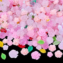 400 Pieces Camellia Flower Nail Charms for Acrylic Nails 3D Rose Floral Nail Gems Pink Leaf Nail Accessories White Pearls Nail Supplies for Women Nail Art Design (Pink)
