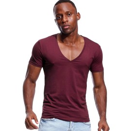 Deep V Neck T Shirt for Men Low Cut Vneck Invisible Tee Vee Top Burgundy Red XL