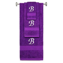 BY LORA Custom Embroidered Terry Cotton Ring Spun Bath Towel, Hand Towel and Washcloth Set - Purple Towel Set, White Chancery Initial B