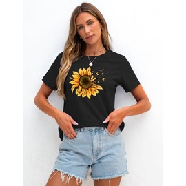 Anbech Graphic Tees for Women - Womens T Shirts Short Sleeve Cute Boho Vintage Loose Fit Casual Summer Tops Trendy 2025 Black Sunflower
