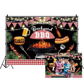 DORCEV 8x6ft Backyard BBQ Backdrop Picnic Barbecue Beer Burgers Hot Dogs Photography Background Summer Green Leaves Glitter Backdrop for Family Dinner Birthday Party Outdoor Camping Party Decor
