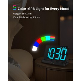 NOKLEAD Digital Alarm Clock with Large 6.5" RGB Colour Changing Display, Mains Powered Bedside Clock with USB Charger, Full Dimmer, Dual Alarm & Snooze for Bedroom