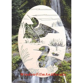 Loon Scene Oval Etched Window Decal Vinyl Glass Cling - 10.5" x 16" - White with Clear Design Elements