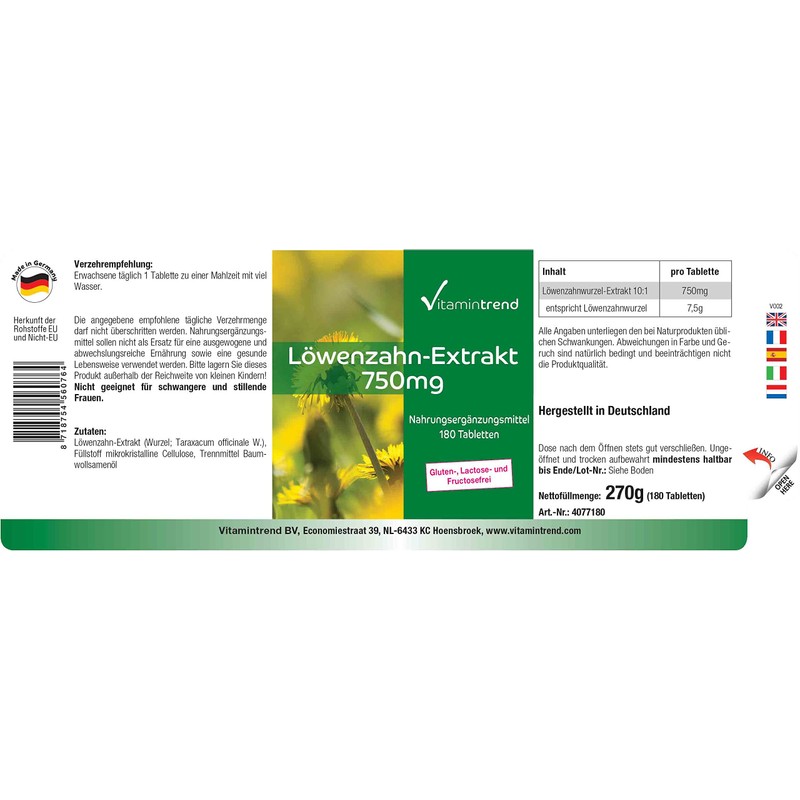 Dandelion Extract 750 mg – 180 Tablets 6 Month Supply