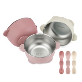 PandaEar 3 Pack Stainless Steel Suction Baby Bowls & 3 Baby Feeding Spoons | Non-Slip Stay Put Bowls & Soft Silicone First Stage Spoons for Toddlers, BPA-Free Baby Led Weaning Set (Pink White)