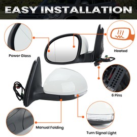 Left Driver Side Mirror Compatible with Volkswagen Tiguan 2009-2017 Power Glass Heated with Turn Signal Manual Folding 6 Pins (White)