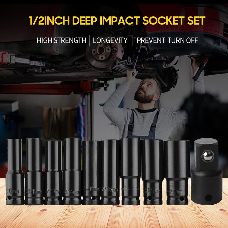 1/2 Inch Drive Hex Impact Socket Set 10-Piece Deep Socket