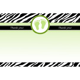 30 Green Baby Feet Blank Baby Shower Thank You Cards Jungle Zebra Design Greeting Note + 30 White Envelopes