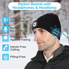 Attikee Bluetooth Hat Beanie with Headphones, Winter Knitted Music Cap with Stereo Speakers & Mic, Unisex Torch Hat for Men Women Teens