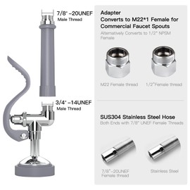 CWM Commercial Sink Sprayer with 45” Flexble Stainless Steel Hose, 1.42 GPM Pre Rinse Spray Valve with Ergonomic Handle, Commercial Kitchen Faucet Parts,Dish Sprayer for Restaurants (Gray)