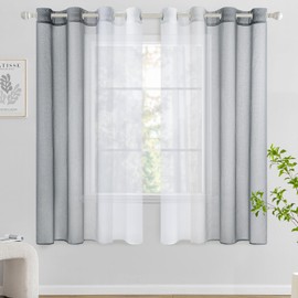 Woaboy Voile Curtain, Two-Tone Curtain with Eyelets, Transparent Curtain, Eyelet Curtain, Decorative Curtain, Translucent Window Curtain for Bedroom and Living Room, Set of 2, 140 x 145 cm, Grey