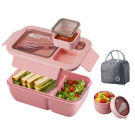 Nymblis Bento Lunch Box Adults, Bento Box Set with Cutlery, Lunch Bag, Oats Container, Leakproof Food Storage Container with Compartments, Lunchbox for Kids, School, Office, Picnic(Pink)