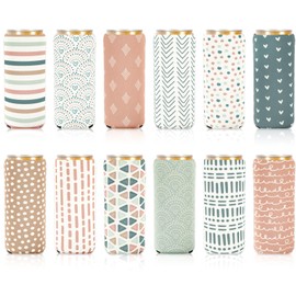 Whaline 12Pcs Boho Slim Beer Can Sleeve Pastel 12oz Can Cooler Cover Neoprene Insulated Beer Caddies Reusable Thermocooler for Beverage Bottle Decor Party Favor