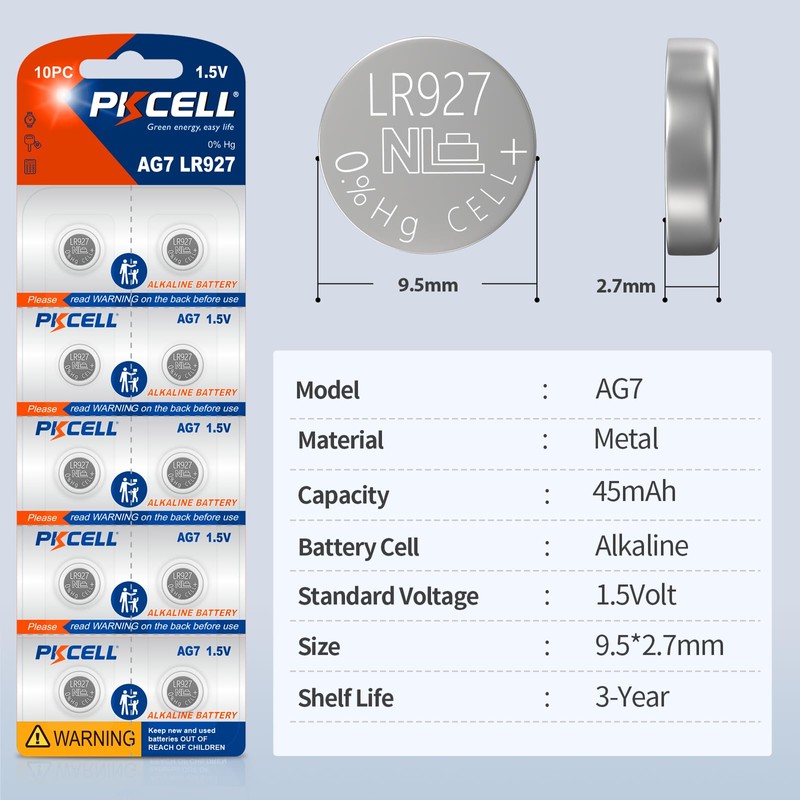 PKCELL LR927 Batteries 20-Pack SR927SW 395 399 Watch Battery AG7