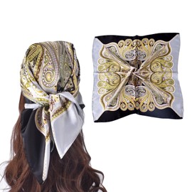 EIysee 27.5 Inches Silk Head Scarf for Women Satin Hair Scarf Silk Wrap Neck Square Scarves Feeling Scarf Boho Headwear(black-peacock)
