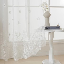 VISIONTEX White Sheer Voile Curtains, Decorative White Embossed Butterflies Rod Pocket Window Drapes for Home Kitchen, Living Room and Bedroom 54 x 84 Inch, Set of 2 Curtain Panels