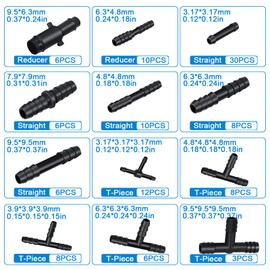 113 Stück T-Verbinder Schlauchverbinder Set, Schlauchverbinder Auto 12 Größen Schwarz T-Schlauchverbinder, für Gärten Schläuche BewäSserung Anschluss Kit KFZ Tropf Sprinkler Anlagen