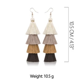 Bohemian Layered Long Pom Pom Tassel Earrings Drop Dangle Tiered Ombre Fringe for Women (White and Brown)