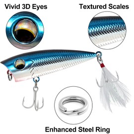 Dr.Fish 5 Pack Topwater Popper Fishing Lure 2.6'' 1/4oz Bass Lures Feathered Treble Hooks Rattle Ball Crankbait Jerkbait for Perch Catfish Walleye Freshwater