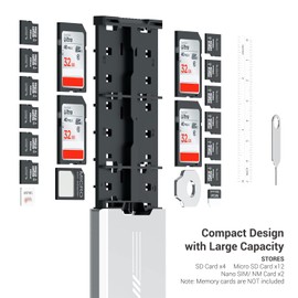 JJC Metal Hard Memory Card Case Holder Wallet Storage Organizer for 12 Micro SD MSD TF, 4 SD SDXC SDHC, 2 Nano SIM/NM Cards, with Micro SIM Adapter & Card Removal Tool -Gray