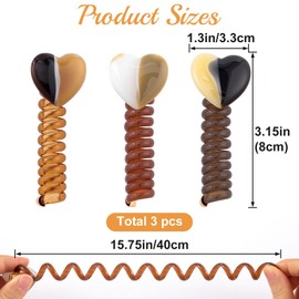 SmallCat 3PCS Spiral Hair Ties with Heart, 3 Colors Heart Phone Cord Shape Hair Bands, Elastic Rubber Ponytail Holders for Women, No Crease Hair Accessories for Long Curly Hair