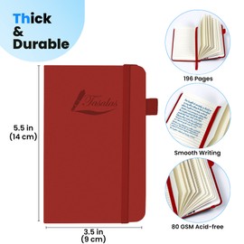 Tasalas Pocket Notebook Portable A6 Notebooks with Inner Pocket and Elastic Band - 80 GSM Lined Paper Notepad, 196 Pages (98 Sheets) Soft & Durable PU Leather Cover (Red)