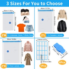 Pack of 6 Vacuum Bags for Clothes, Vacuum Bags for Clothing with Airtight Valve and 16 Labels, Vacuum Bags for Clothes with Zip, Vacuum Bags for Duvets, Bedding