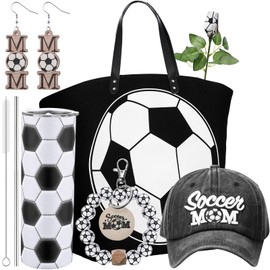 Sieral 6 Pcs Soccer Mom Gifts Soccer Tumbler Cup Soccer Tote Bags Soccer Hat Soccer Charm Keychain Soccer Earring Soccer Rose Flower Soccer Gift for Women Mom Sports Lover