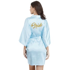 EPLAZA Bride Bridesmaid Robes for Wedding Bridal Party Women Short Silky Satin Robe with Gold Glitters Kimono One Size (Acid Blue, Bride)