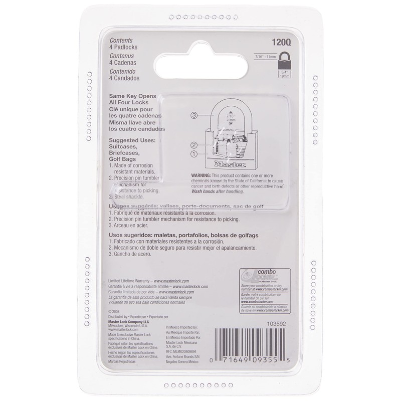 Master Lock Padlock, Solid Brass Lock, 3/4 in. Wide, 120Q