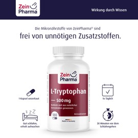 ZeinPharma L-Tryptophan 500 mg – 180 Vegan Capsules – Made from Vegetable Fermentation – Natural, Laboratory Tested, Vegan, High Dose & Produced in Germany