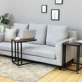 VASAGLE End Table, Side Table, TV Tray, C Shaped Snack Table with Metal Frame, Rolling Casters, Industrial, for Living Room, Bedroom, Rustic Brown and Black ULNT50X