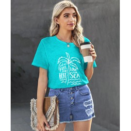 Womens Beach T-Shirts Graphic Tees Casual Hawaiian T Shirts Feel The Heat Coconut Tree Sea Wave Print Tropical Tee Shirts Crewneck Soft Cotton Tops, Mint Green X-Large