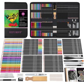 HIFORNY Juego de 120 piezas para dibujo y boceto, juego de suministros de arte con libro de bocetos de 3 colores, libro para colorear, lápices de arcoíris, de colores, acuarela, metálicos, grafito