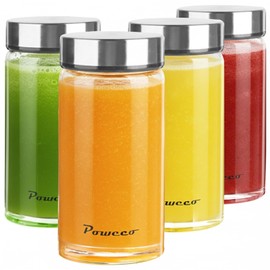 poweco Glass Juice Bottles 4 Pack 12 oz - Wide Mouth Glass Water Bottles with Lids - for Juicing, Protein, Smoothie, Milk, Reusable, BPA Free, Stainless Steel Lids, Blender, Shaker Bottle (400ml)
