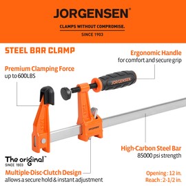 JORGENSEN 2-pack Steel Bar Clamps Set, 12-inch Medium Duty, 600 Lbs Load Limit, for Woodworking