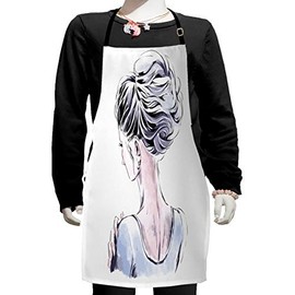 Ambesonne Abstract Woman Apron, Back View with Hair in a Messy Bun, Small Apron Bib with Adjustable Ties for Baking Painting, Small Size, Ceil Blue White Blush