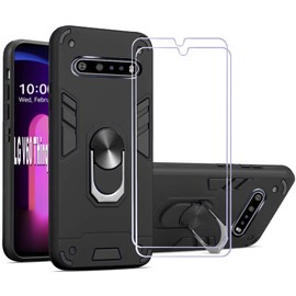 Folmeikat LG V60 Thinq/LG V60 Thinq 5G/ LG G9 Thinq Case, Screen Protector [2Pack] 360 Degree Rotating Metal Ring Slim Shock Absorption Reinforced Corner Soft TPU Silicone Case 6.8" (Black)