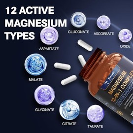 Totaria Complejo de magnesio 700 mg 12 en 1 Suplemento de magnesio con glicinato, citrato, malato, óxido, taurato, aspartato, orotato. Magnesio para l