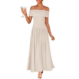 ZESICA Women's Off The Shoulder Maxi Dress 2025 Summer Sleeveless Casual Slim Swing Pleated Formal Party Dresses,Apricot,Small