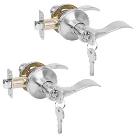 HOSOM 2-Pack Entry Door Lever Door Handle with Lock and Key, Interior Exterior Door Handle, Wave Style Lever Handles, Satin Nickel Door Handle for Front Door, Modern Entrance Door Lever Door Knob
