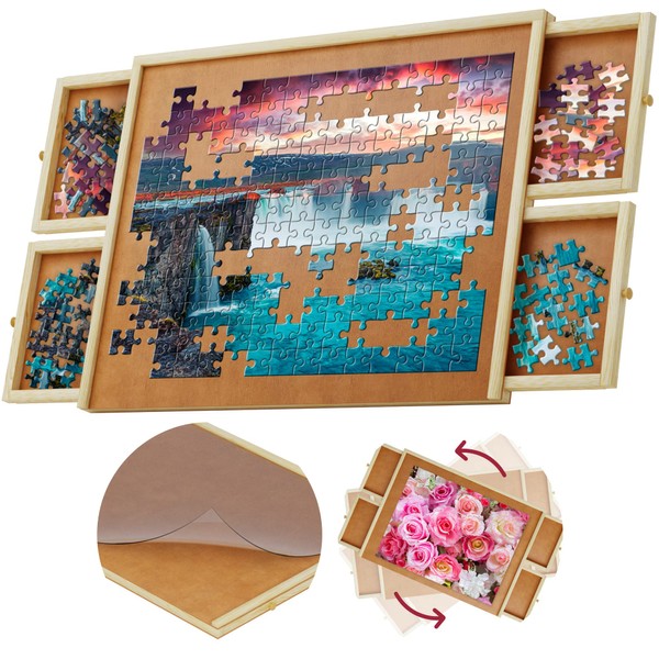 1000 Piece Wooden Jigsaw Puzzle Board - 4 Drawers, Rotating Puzzle Table | 30” X 22” Jigsaw Puzzle Table | Puzzle Cover Included - Portable Puzzle Tables for Adults and Kids by Beyond Innoventions