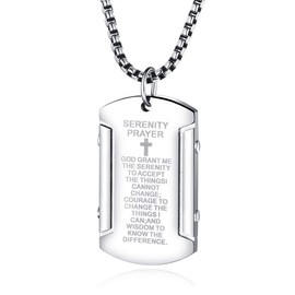 Rehoboth Men's Stainless Steel Dog Tag Bible Verse Serenity Prayer Cross Pendant Necklace for Men Women 24 Inch Chain Silver