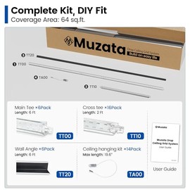 Muzata 64 Sq Ft Drop Ceiling Grid System White Complete Set Galvanized Steel Grid Kit Easy Installation for Basement Living Room Kitchen Bathroom Ceiling, TS04