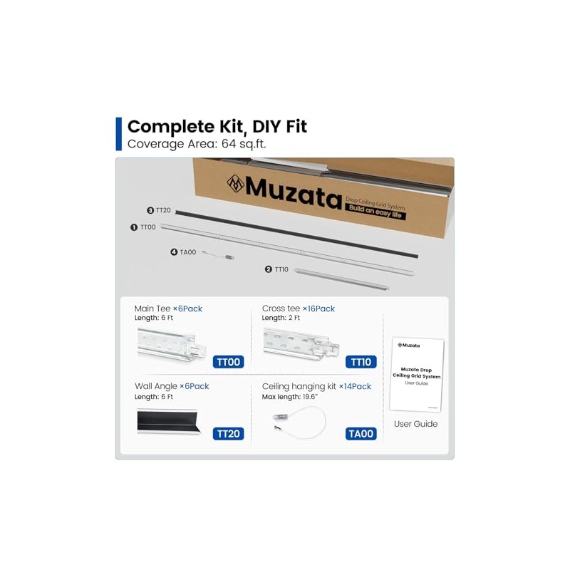 Muzata 64 Sq Ft Drop Ceiling Grid System White Complete