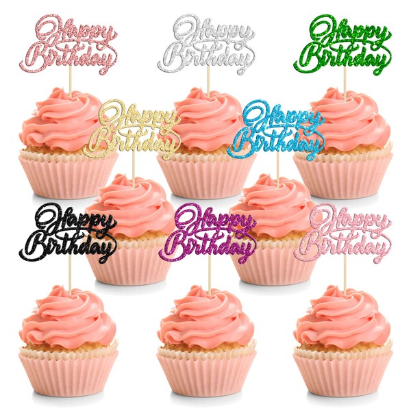 24 piezas de decoración para magdalenas de cumpleaños de 8 colores con purpurina para celebrar baby shower, niños, cumpleaños, aniversario, fiesta, decoración de tartas, suministros